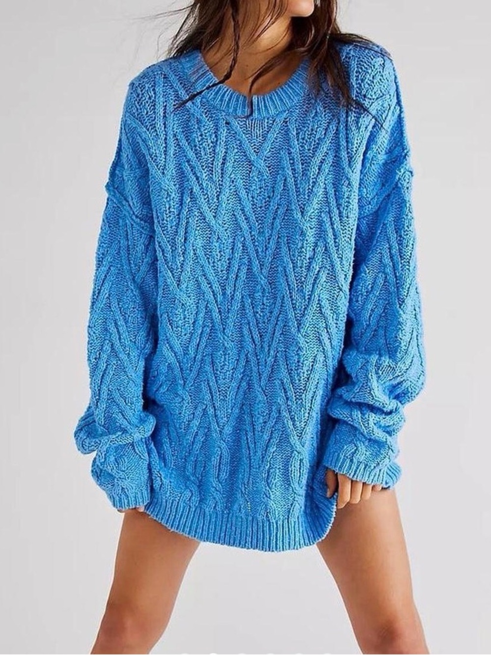 Free People Blue Cable Knit Crew Sweater